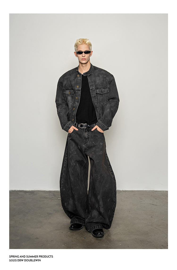 Mud-dyed distressed denim jacket set