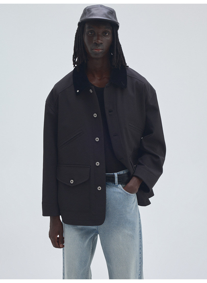 Corduroy Jacket with Collar and Multiple Pockets