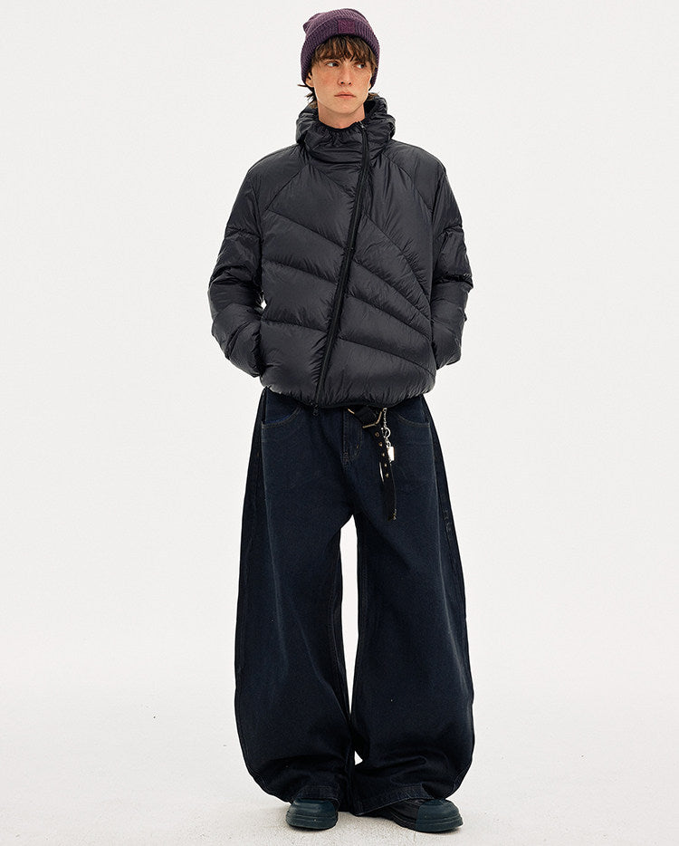 Diagonal Zipper Hooded Lightweight Down Jacket