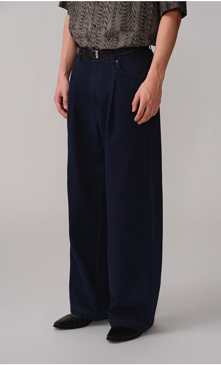 Double-Tuck Straight-Leg Casual Denim Pants