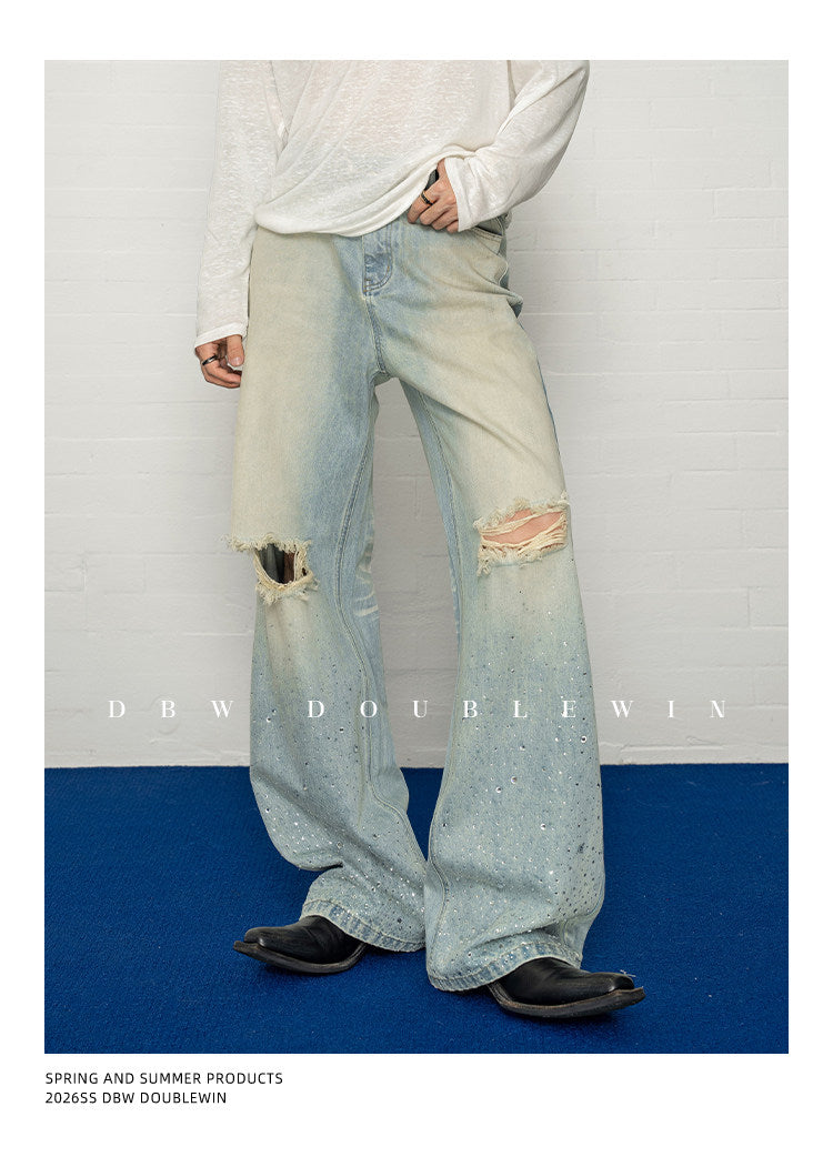 Rhinestone-Embellished Gradient Straight-Leg Jeans