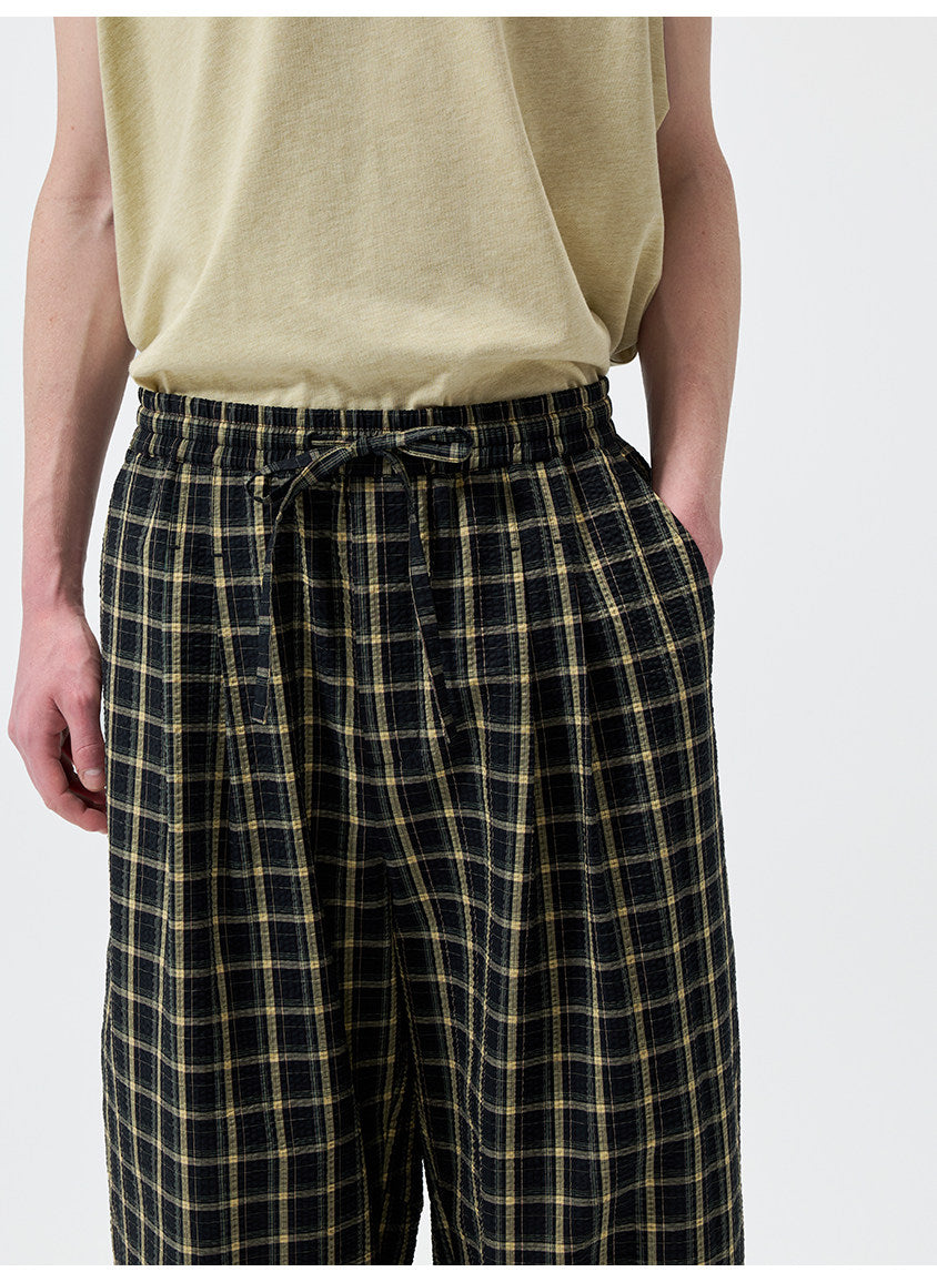Yarn-Dyed Chiffon Check-Patterned Casual Pants