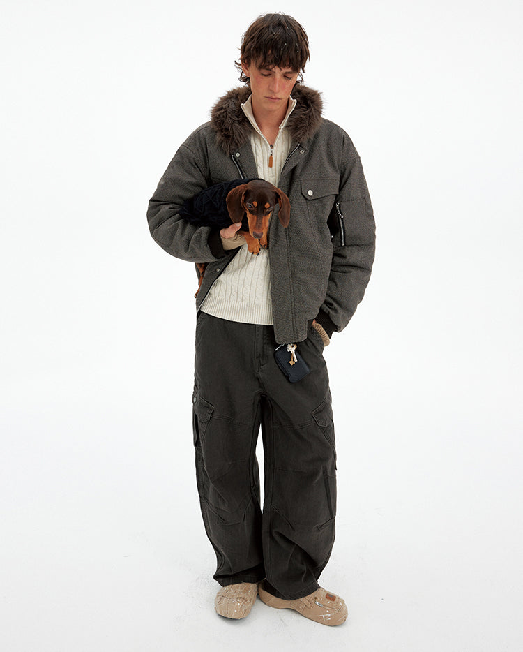 Houndstooth Fur Collar Cotton Jacket