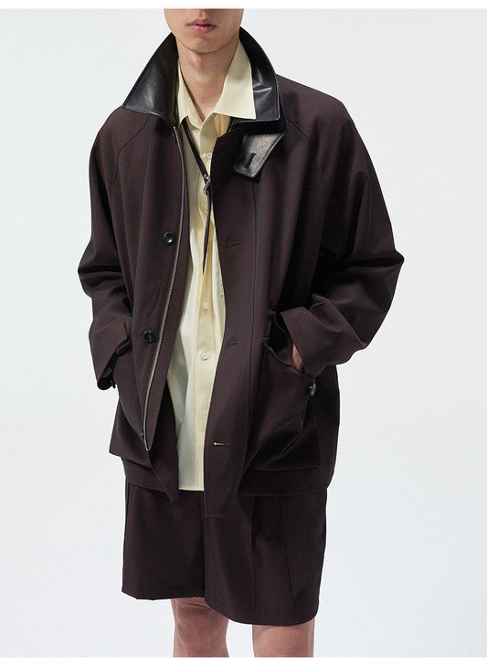 Cowhide Patchwork Drawstring Hunting Jacket