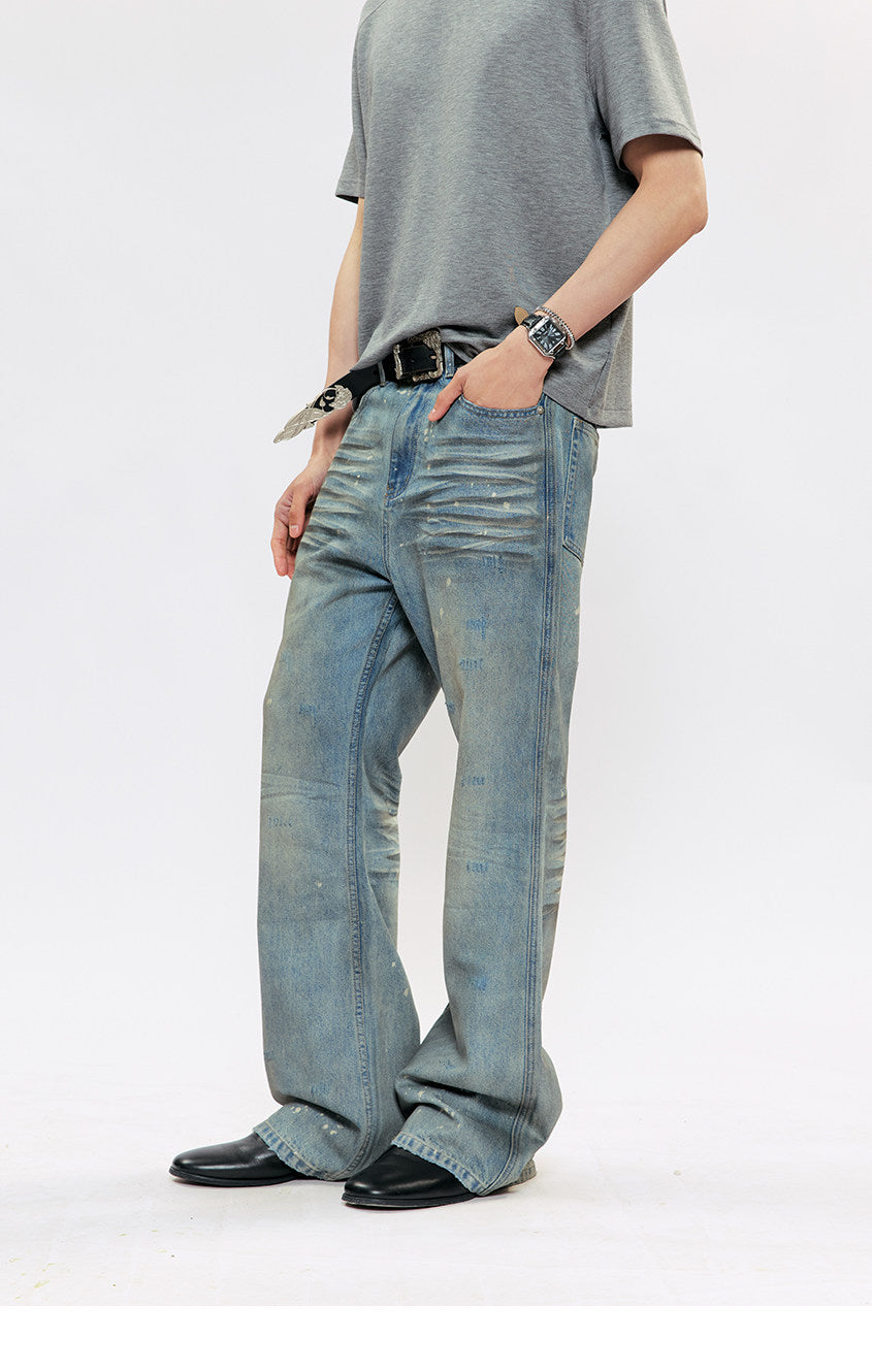 Hand-Painted Splatter-Print Flared Denim Pants