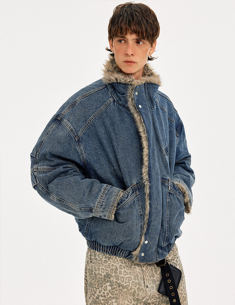 Denim jacket with fur collar