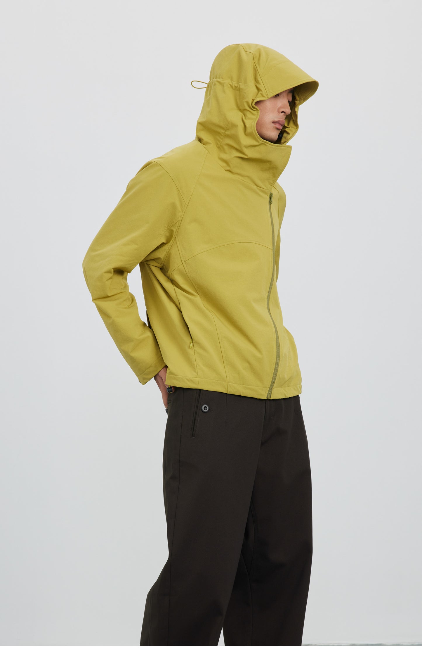 Diagonal Placket High Collar Hooded Jacket
