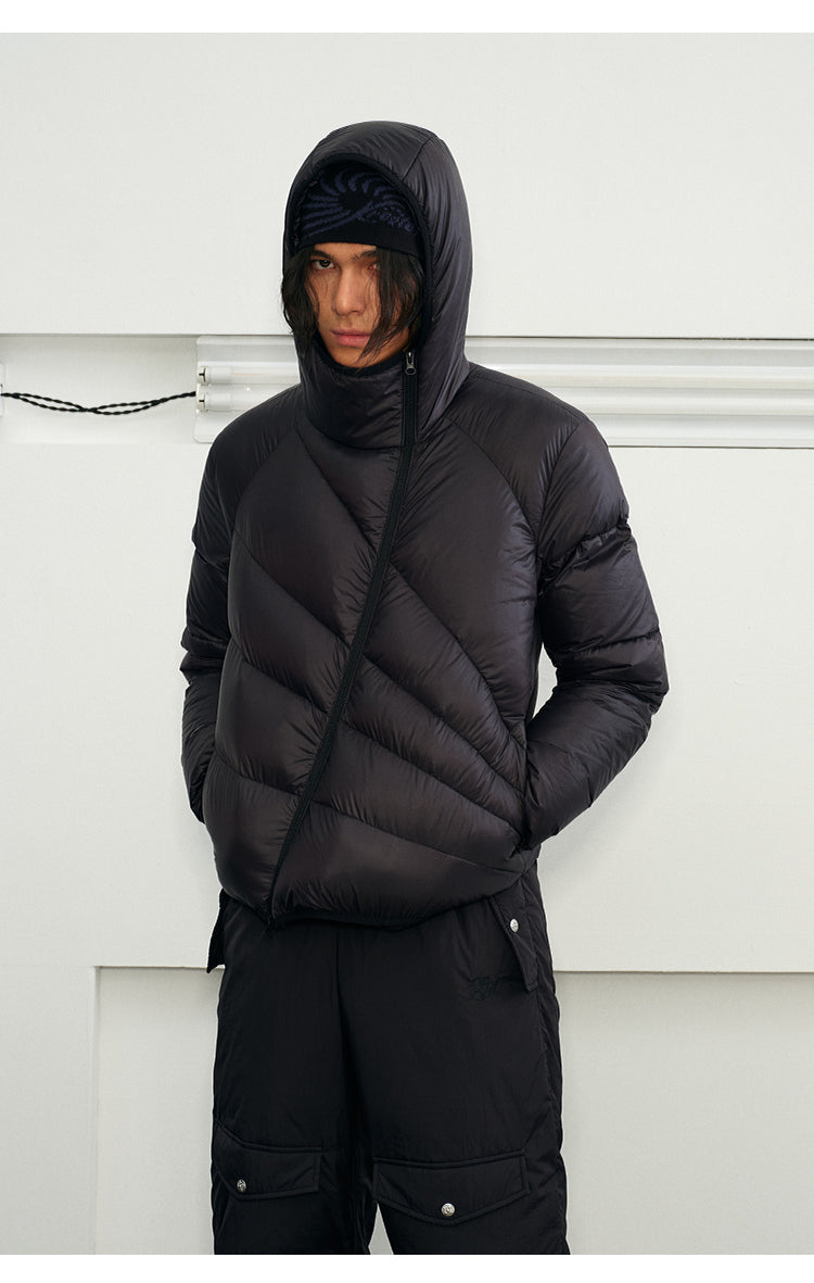 Diagonal Zipper Hooded Down Jacket