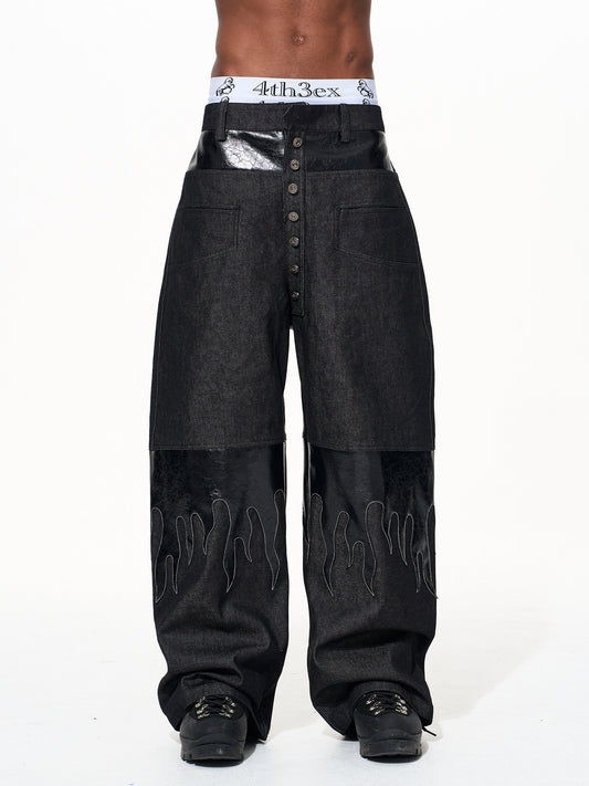 Flame Pattern Leather Jeans