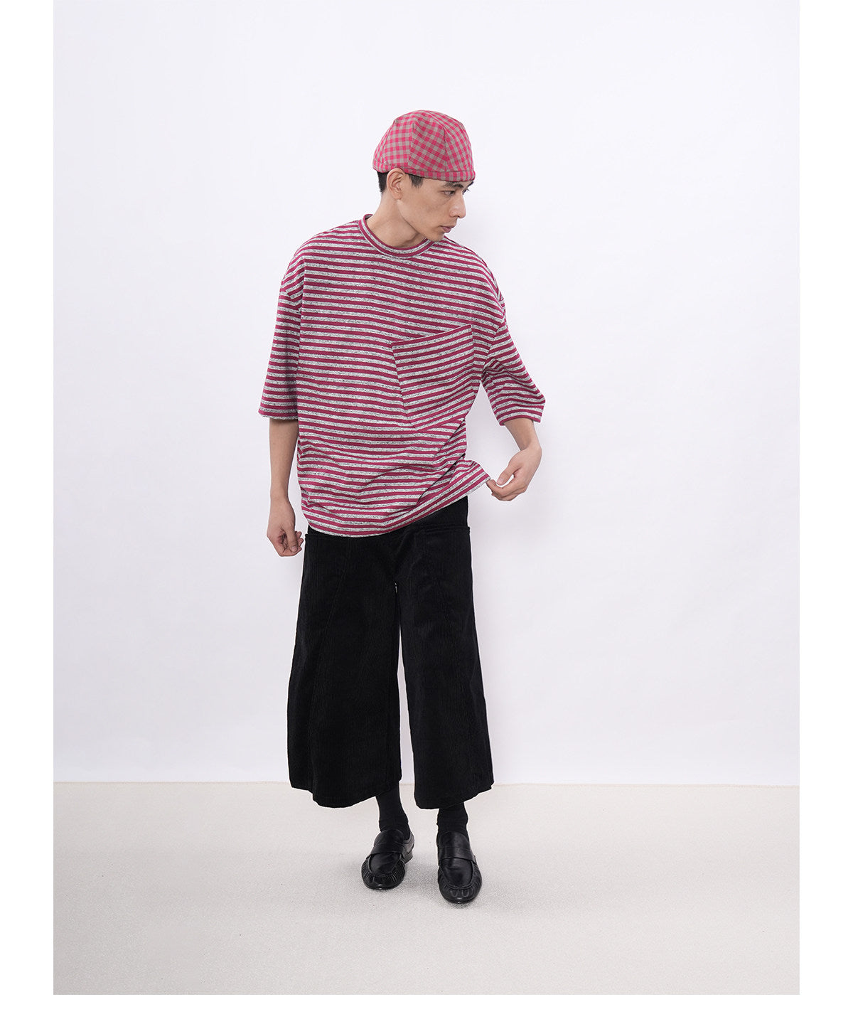 Striped Silhouette T-Shirt with Diagonal Pockets