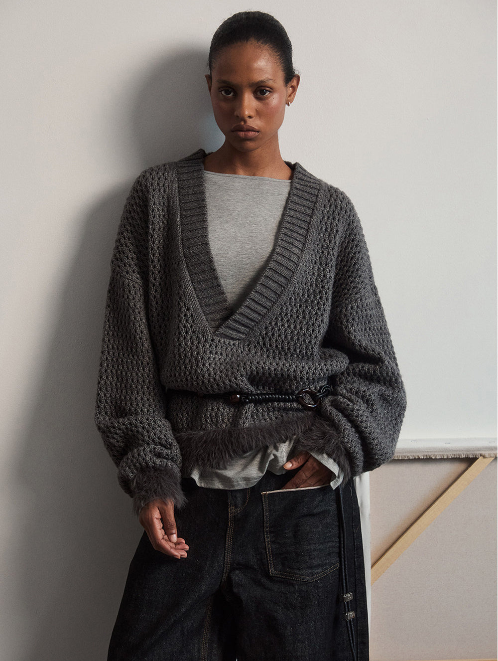 Openwork V-Neck Sweater