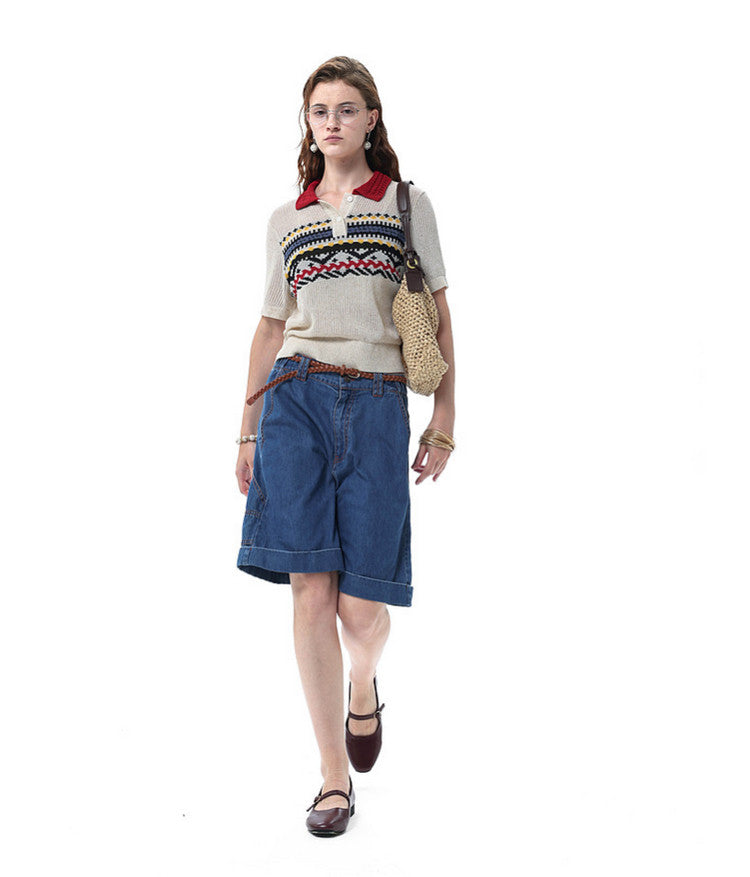 College-Style Polo-Collar Sweater