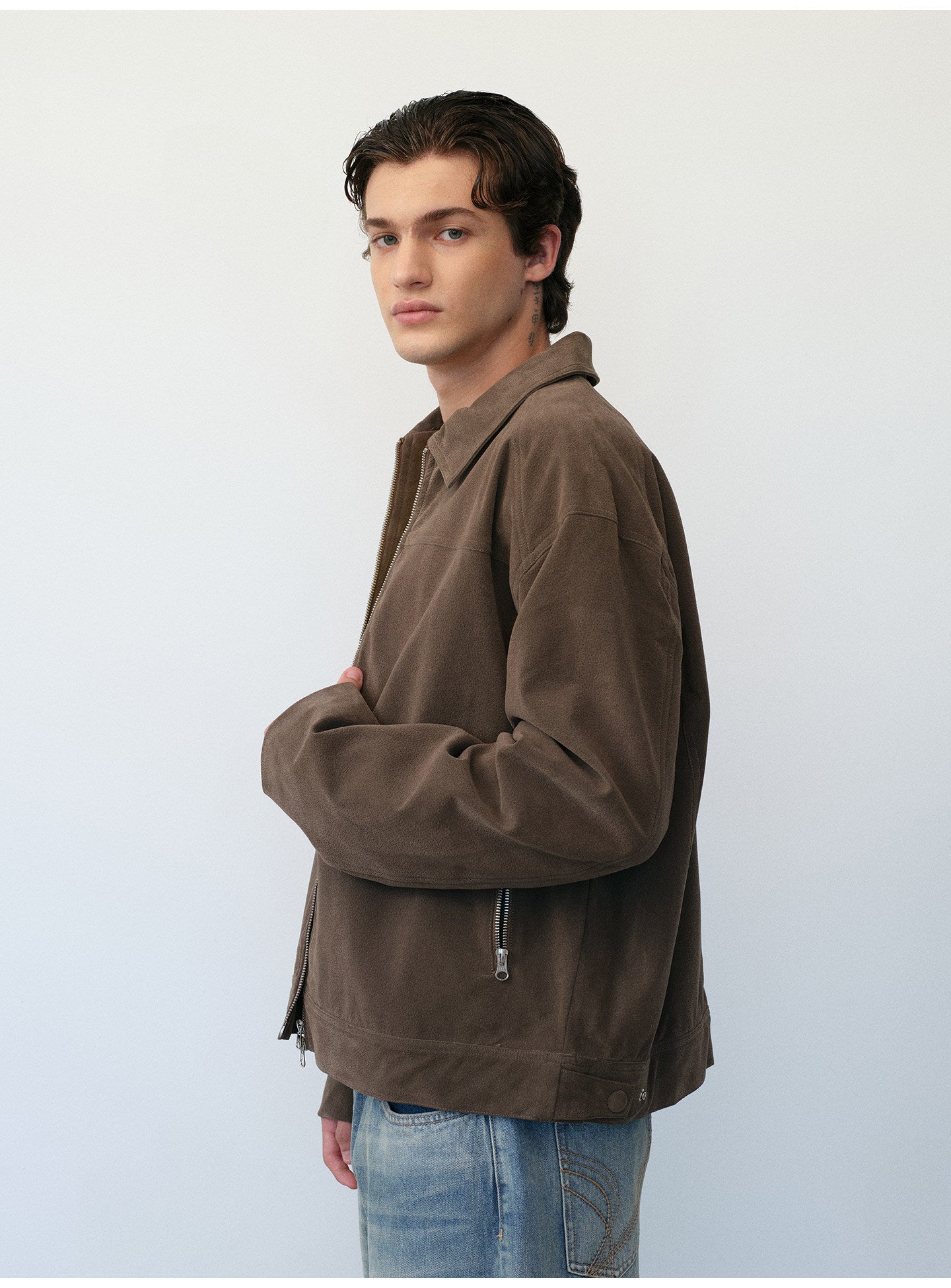 Short Box Jacket with Lapels in Faux Suede