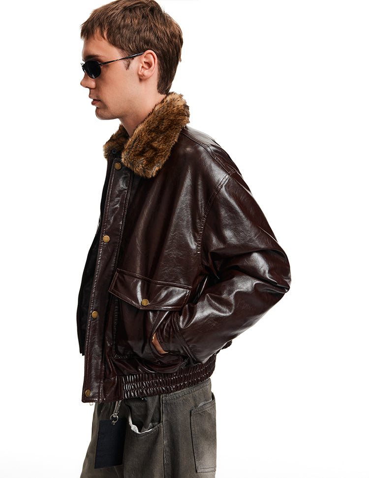 Patchwork Fur Collar Leather Jacket