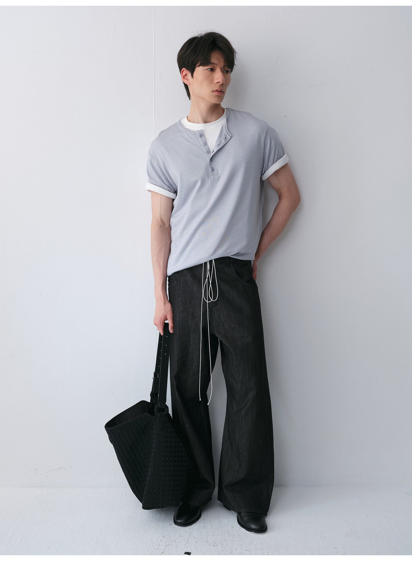 Henry-Collar Drop-Shoulder T-Shirt