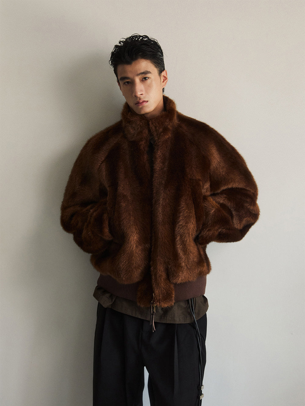 Double-Zipper Faux Fur Jacket