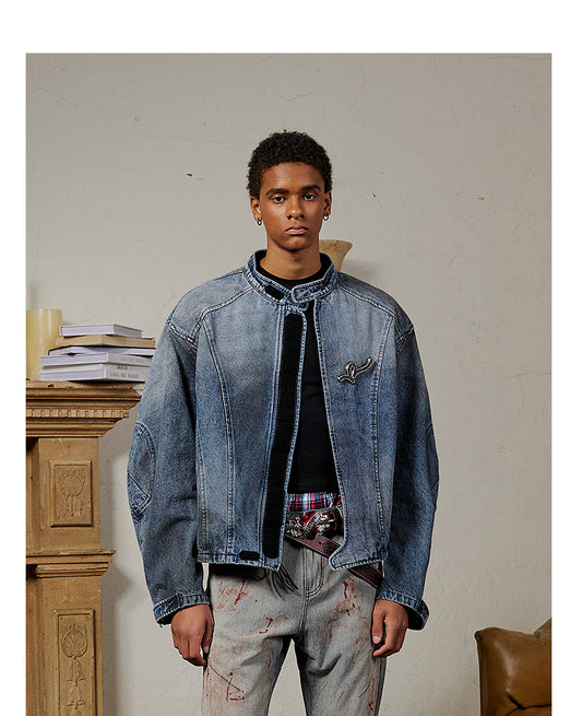 Short Wide Damaged Denim Jacket