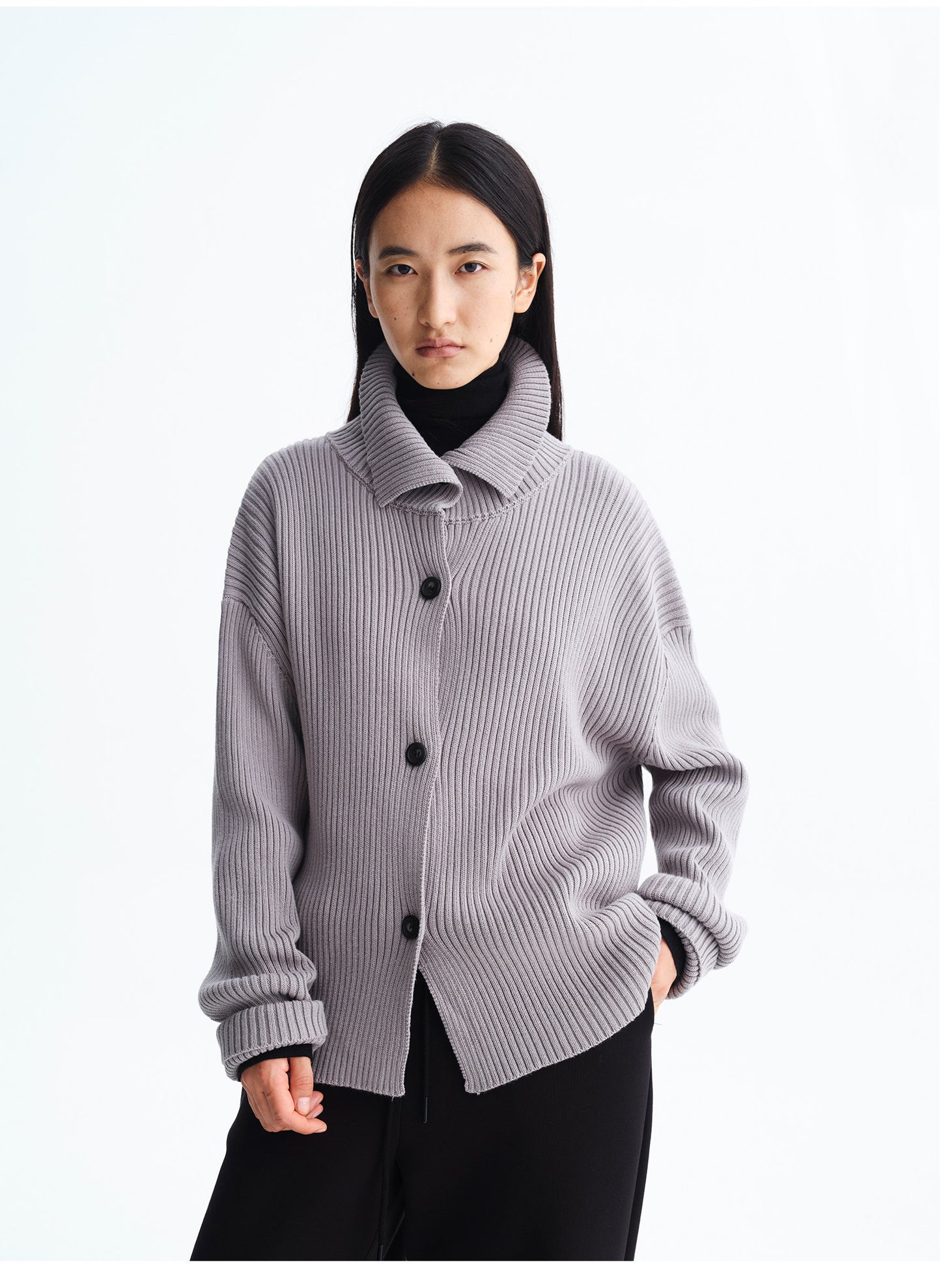 High-Neck Rib-Knit Cardigan