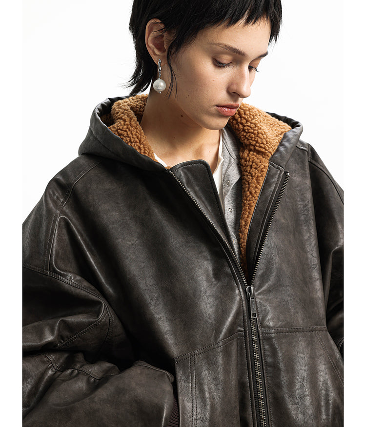 Oil wax short wide hooded jacket