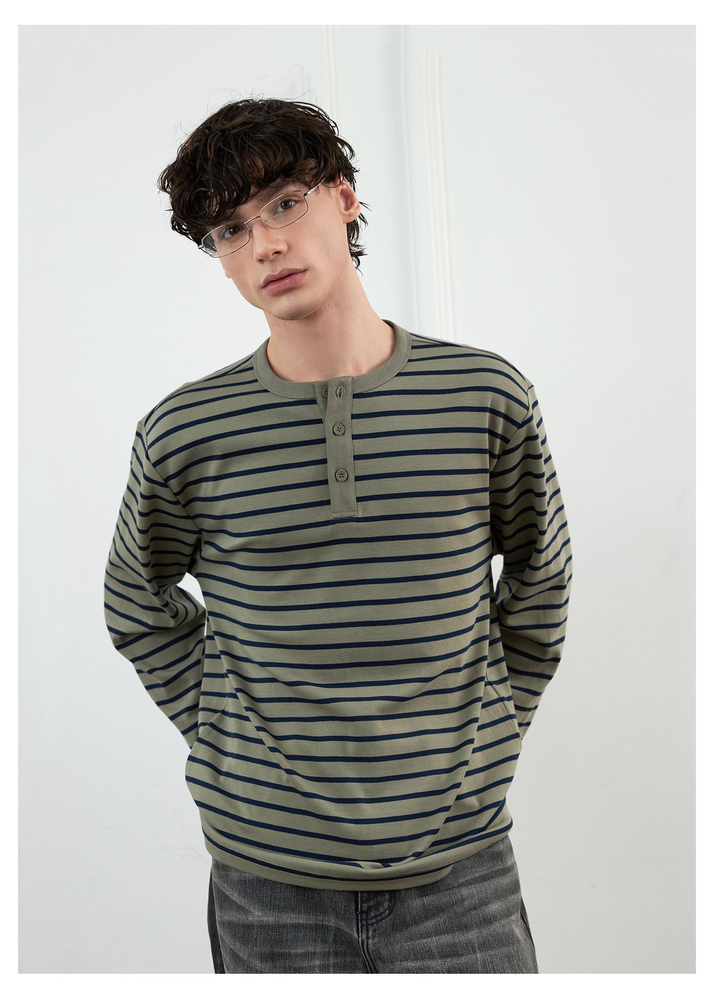 Striped Henley Collar T-Shirt
