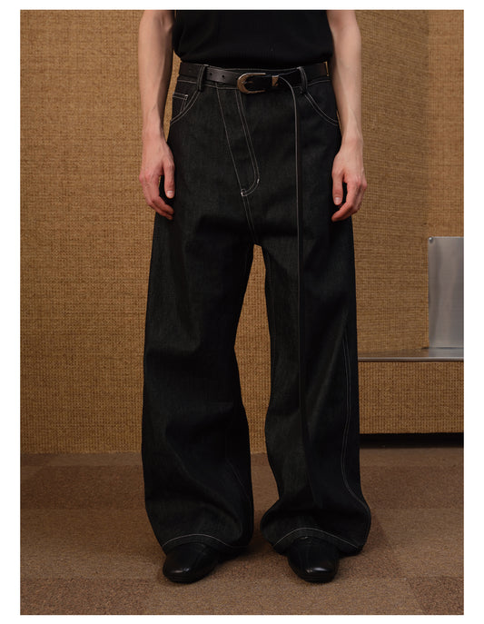 Diagonal placket denim pants