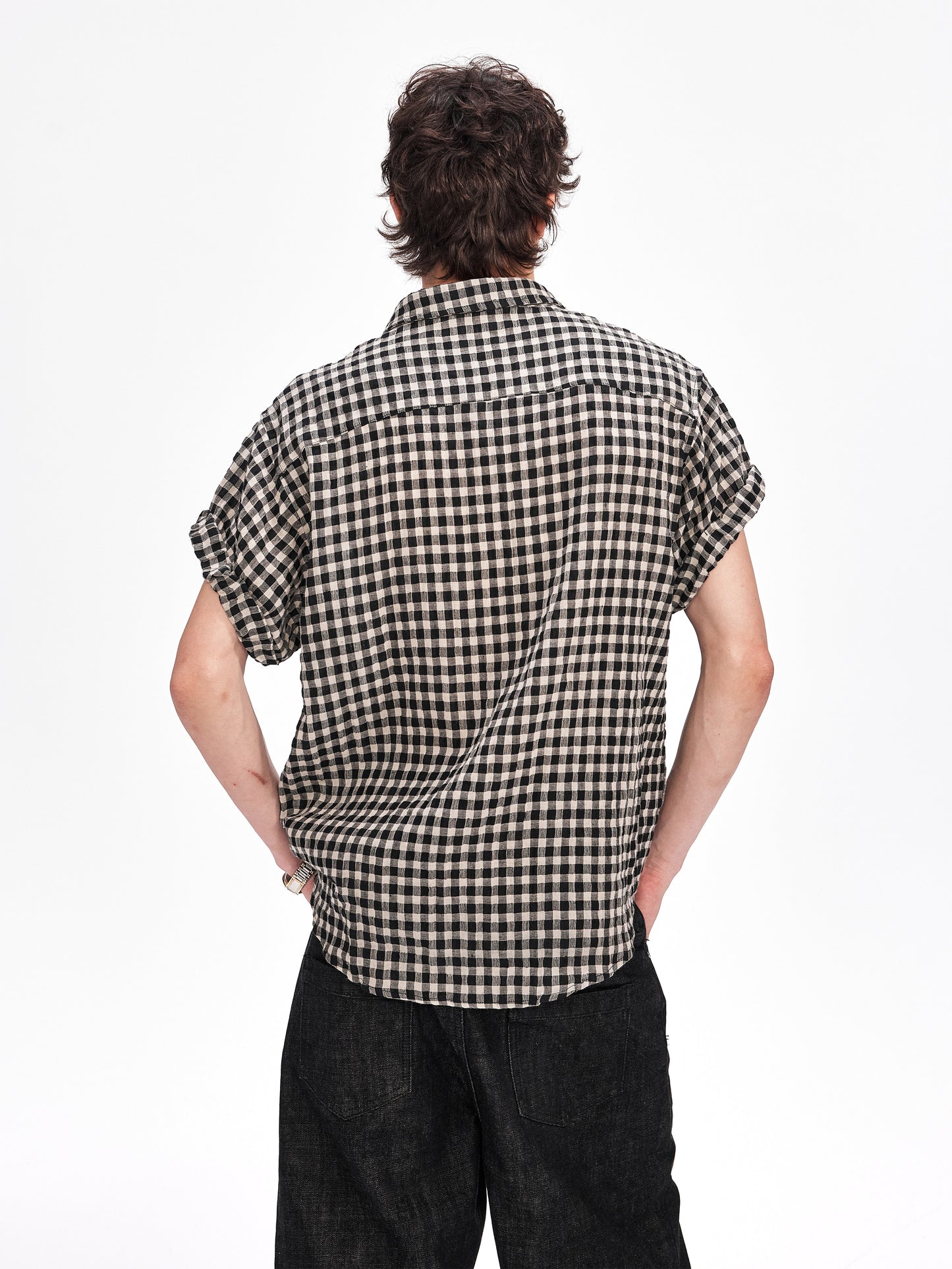 Rolled-Sleeve Checkered Linen Shirt