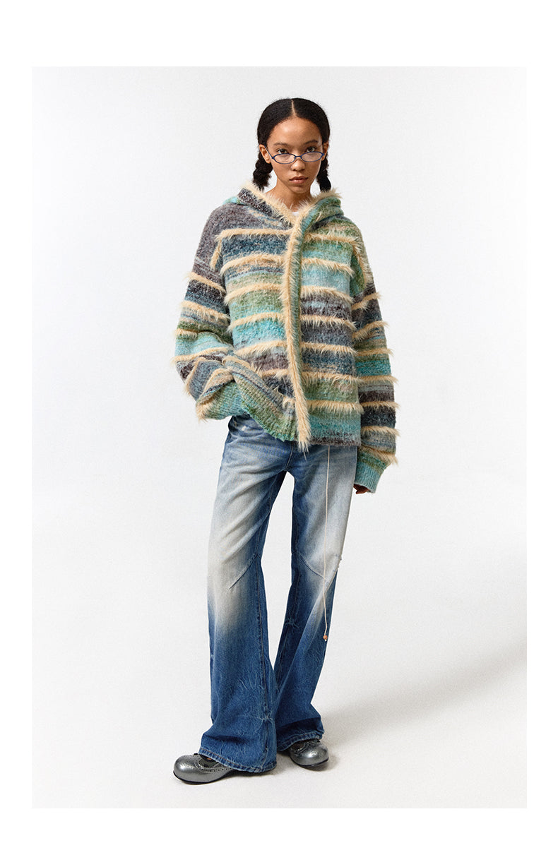 Gradient Stripe Hooded Knit Jacket