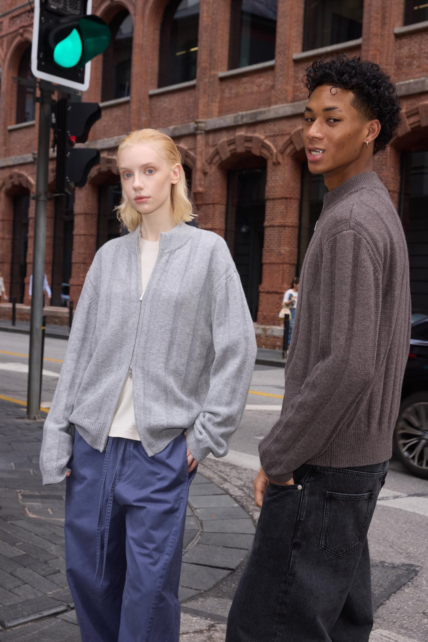 Dark-Striped Jacquard Knit Cardigan