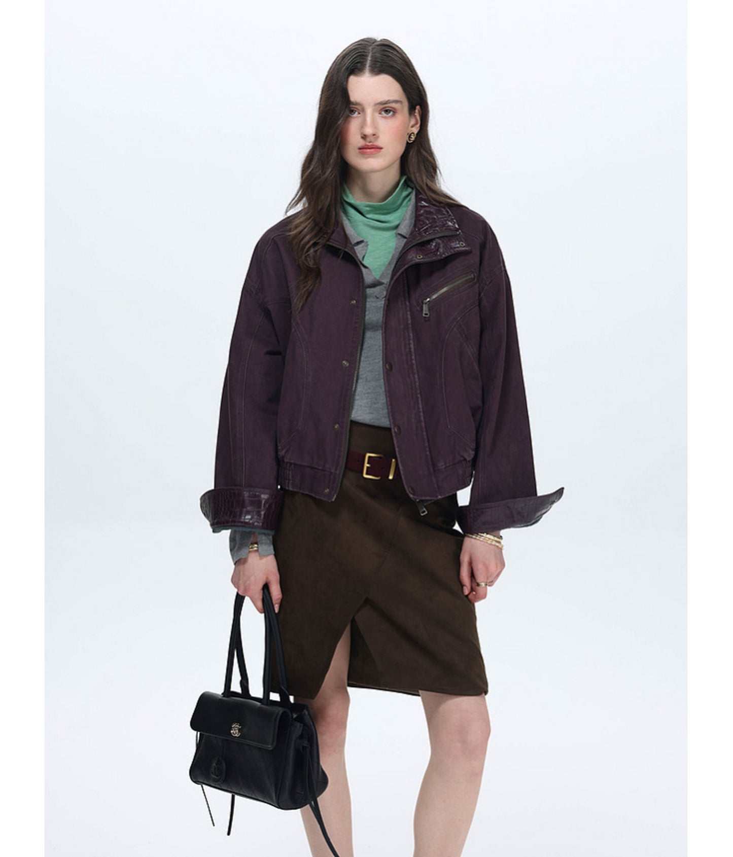 Faux Crocodile Leather Stand-Up Collar Jacket