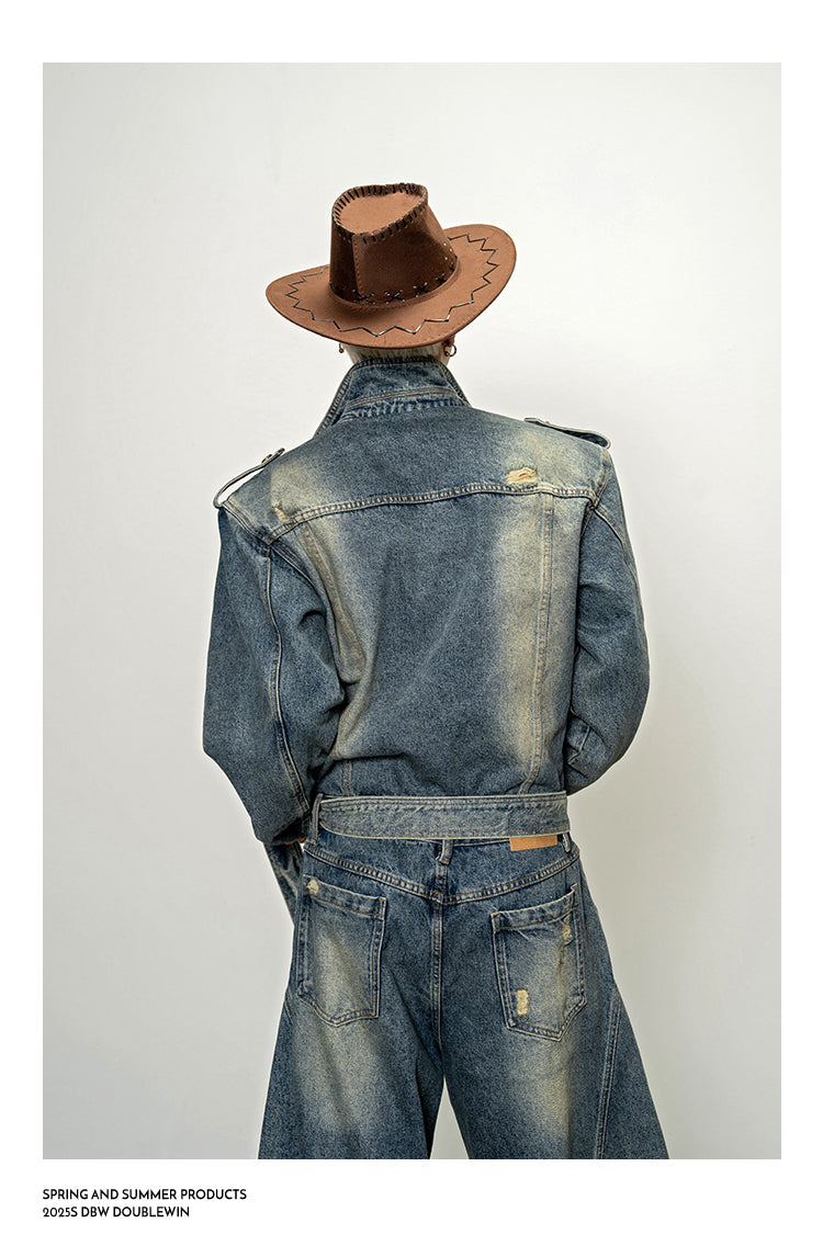 Shoulder Pad Denim Jumpsuit