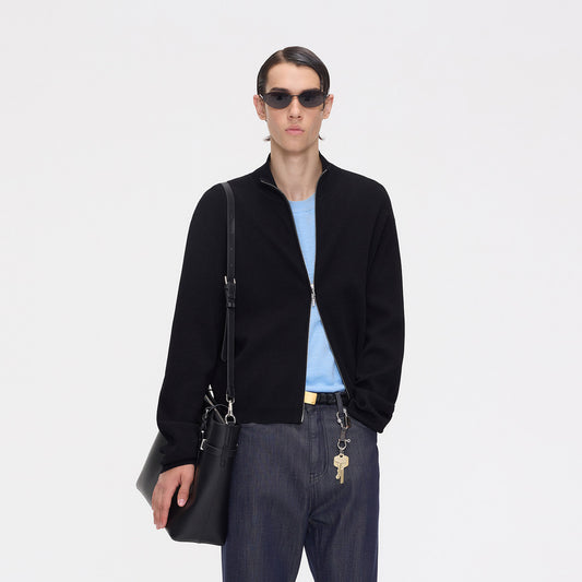 Plaid Stand-Collar Double-Zip Knit Cardigan