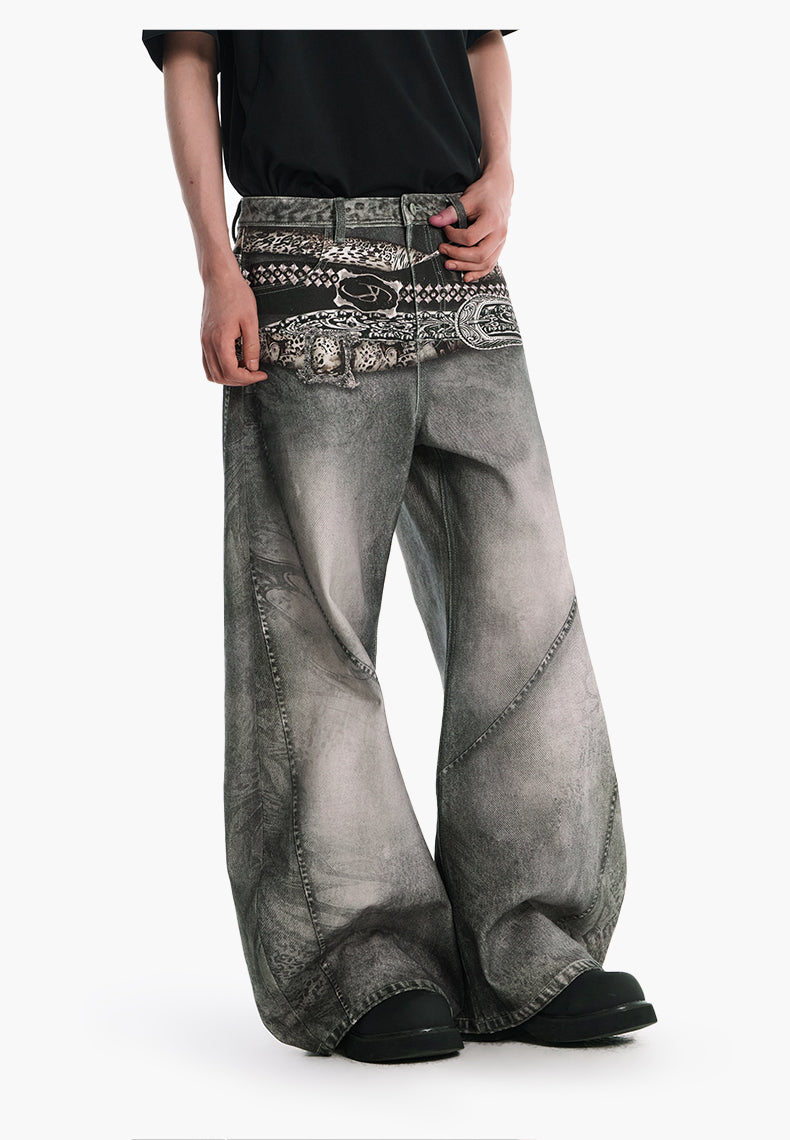 Belt print denim pants