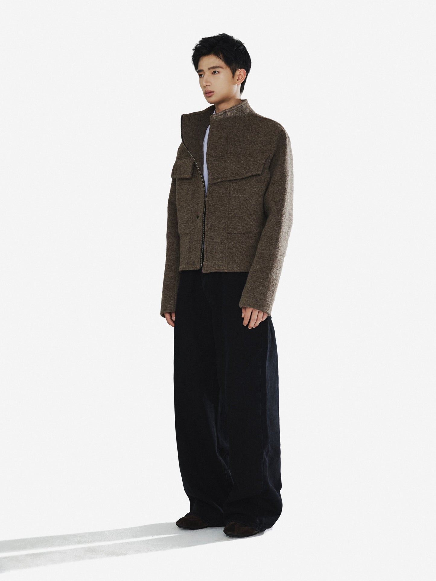 Stand Collar Deconstructed Wool Jacket