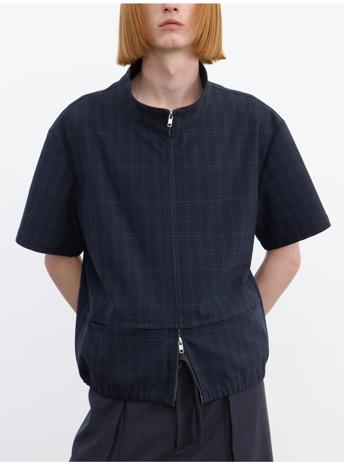 Dark Check Pattern Zipper Shirt