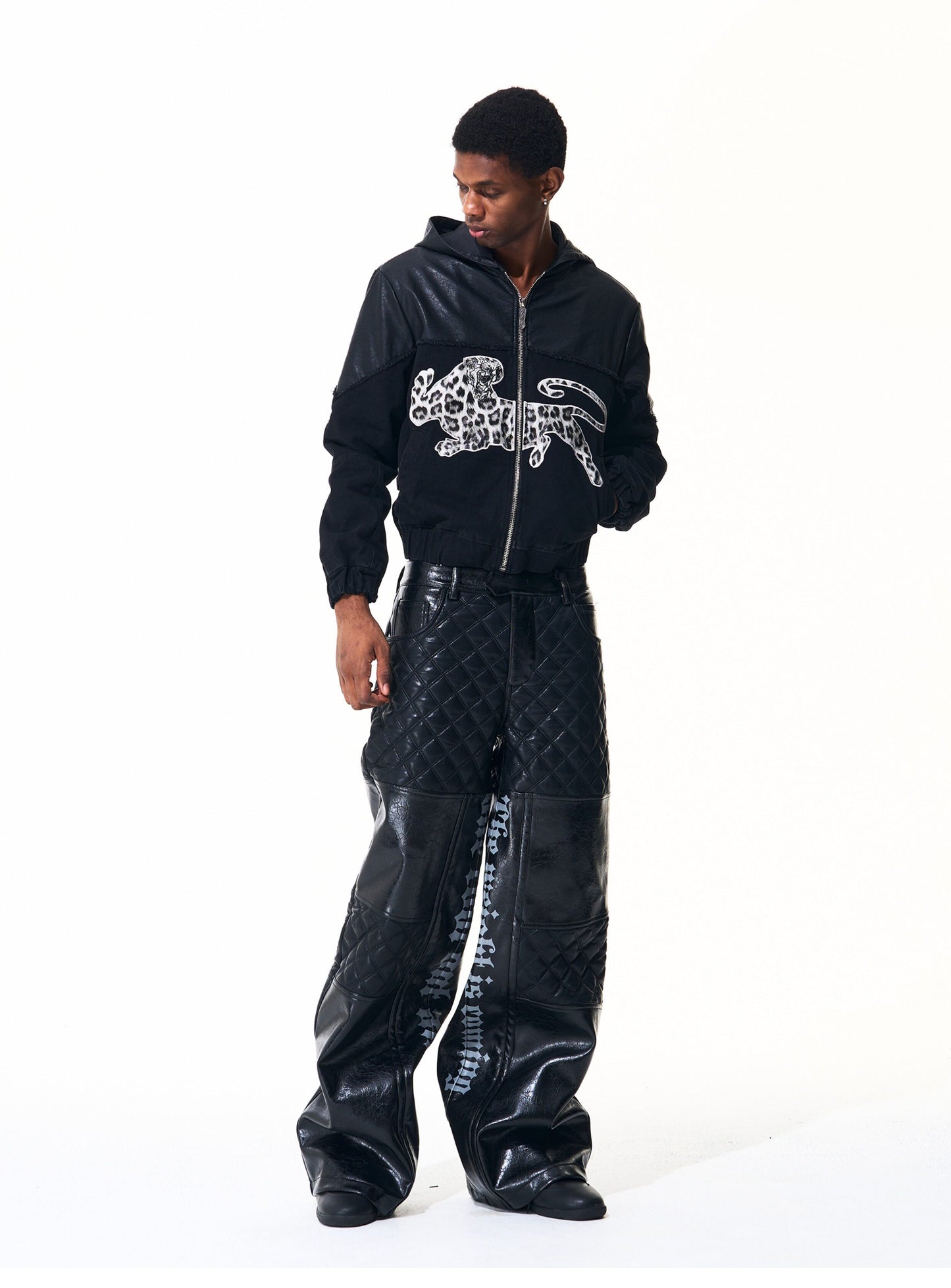 Diamond-pattern coated leather pants