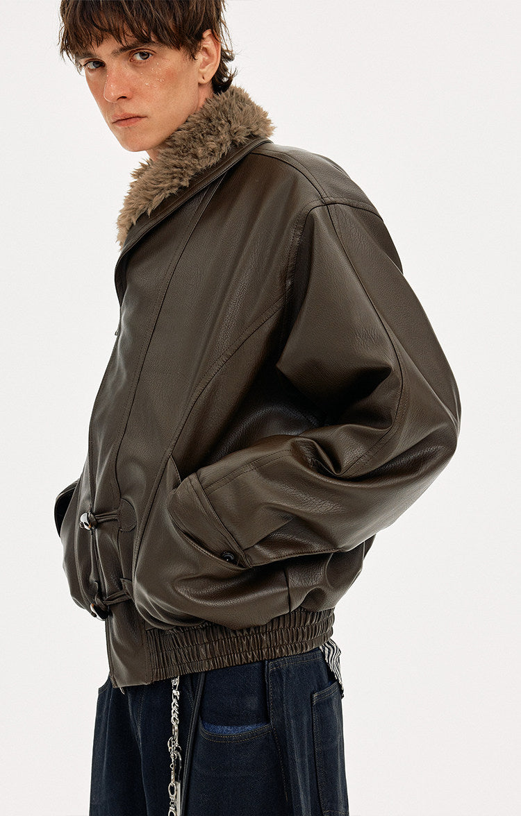 Horn Button Fur Collar Leather Jacket
