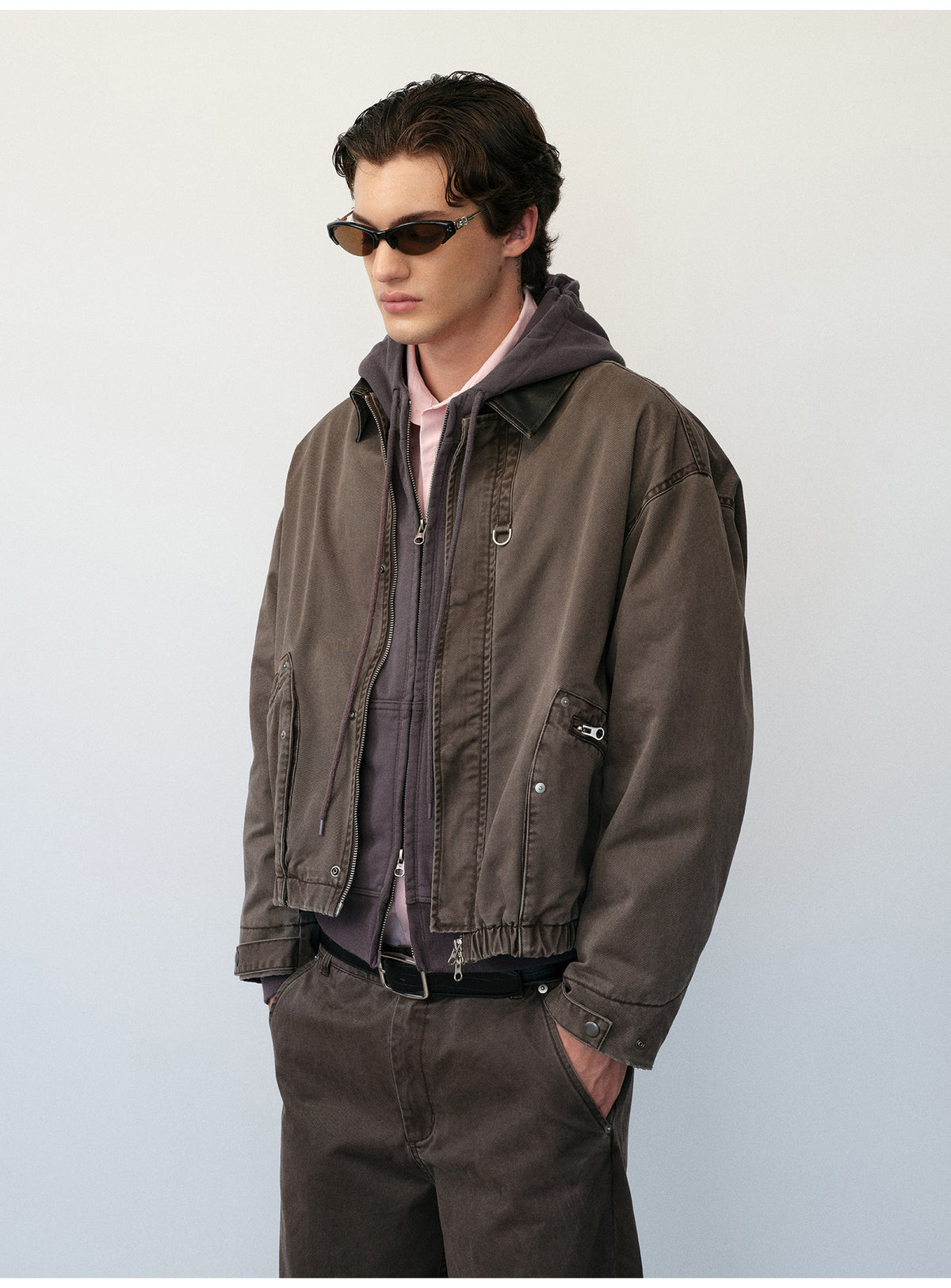 Distressed Leather Color-Block Work Jacket