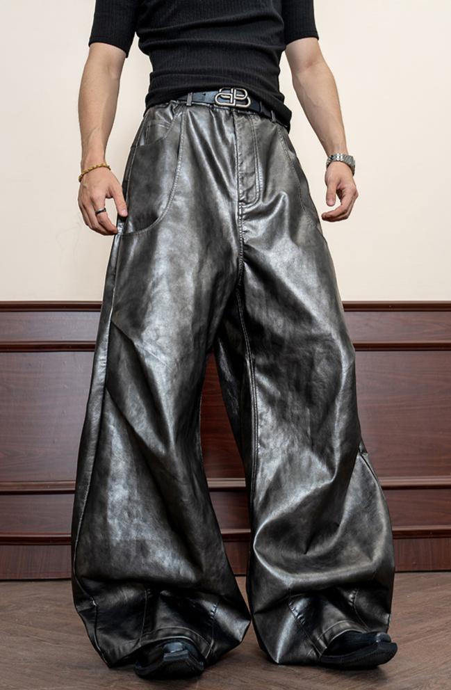 Mat pleats wide PU Leather Pants