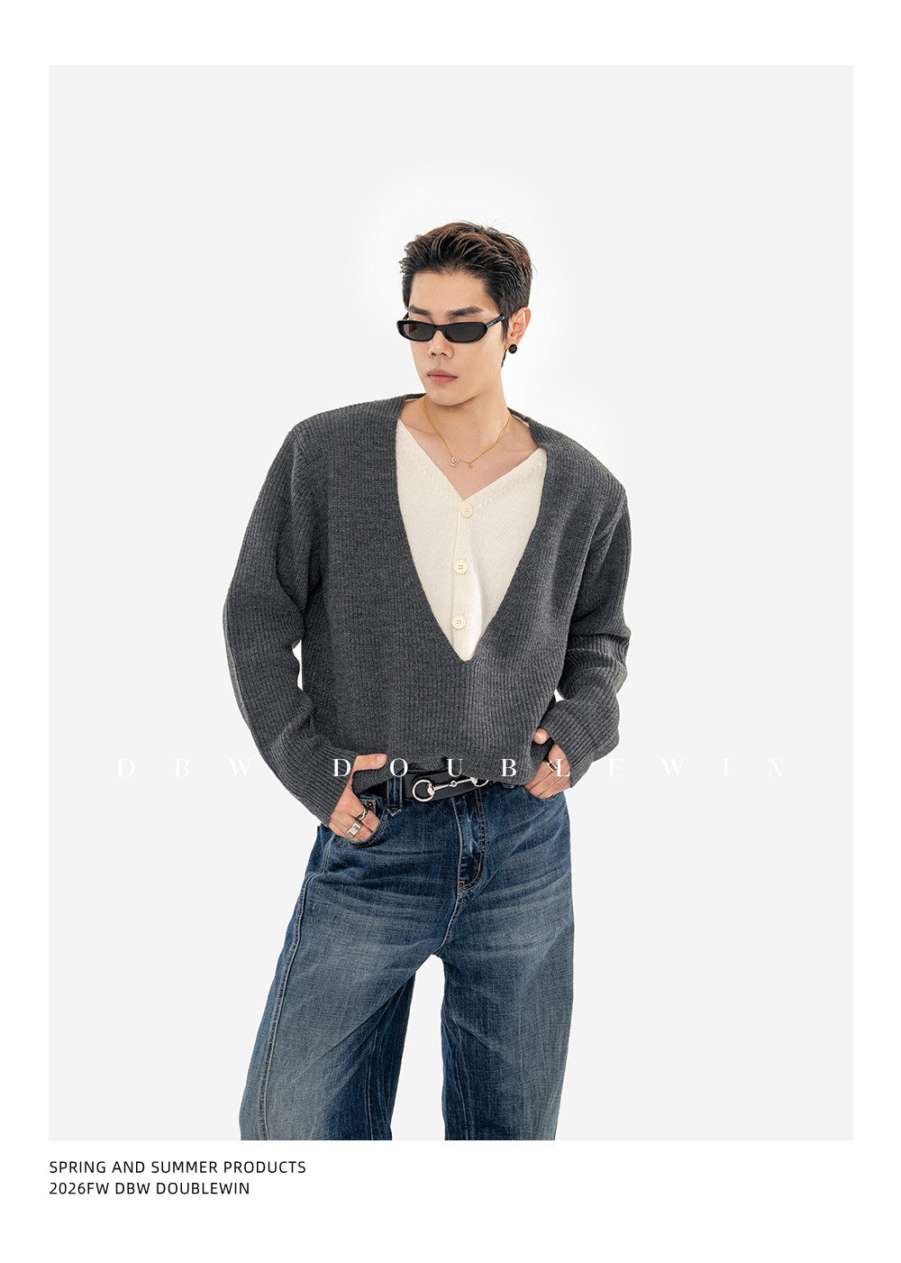 Faux Two-Piece V-Neck Knit Sweater with Shoulder Pads