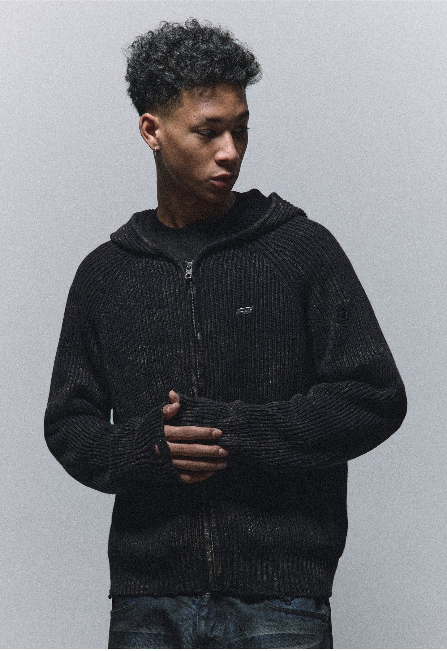 Washed Damaged Pit Pattern Hooded Sweater