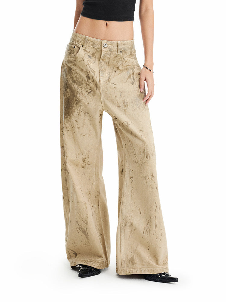 Wide-Leg Casual Pants with Oil-Wax Finish