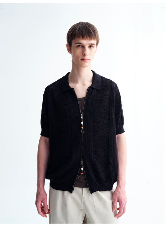 Handmade Beaded Double-Zipper Knit Cardigan