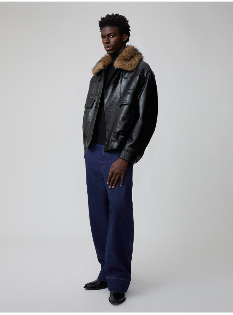 Detachable fur collar bomber jacket