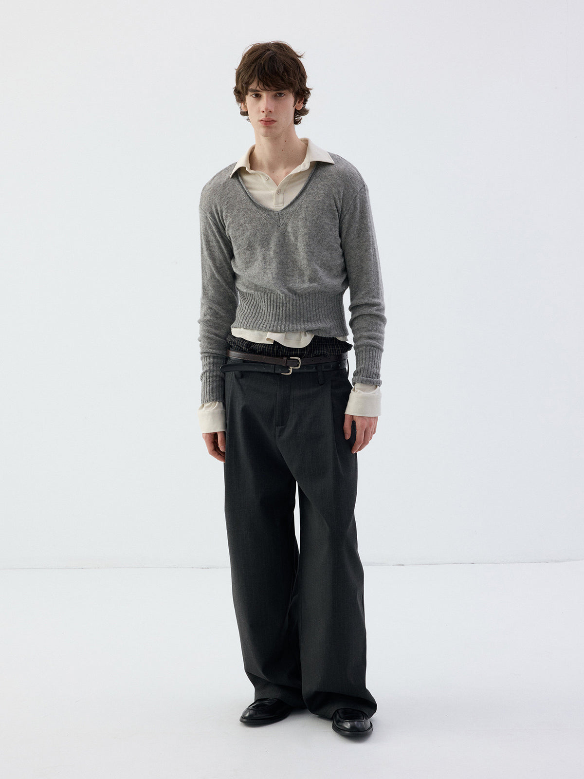 Wool Roll-Sleeve V-Neck Sweater