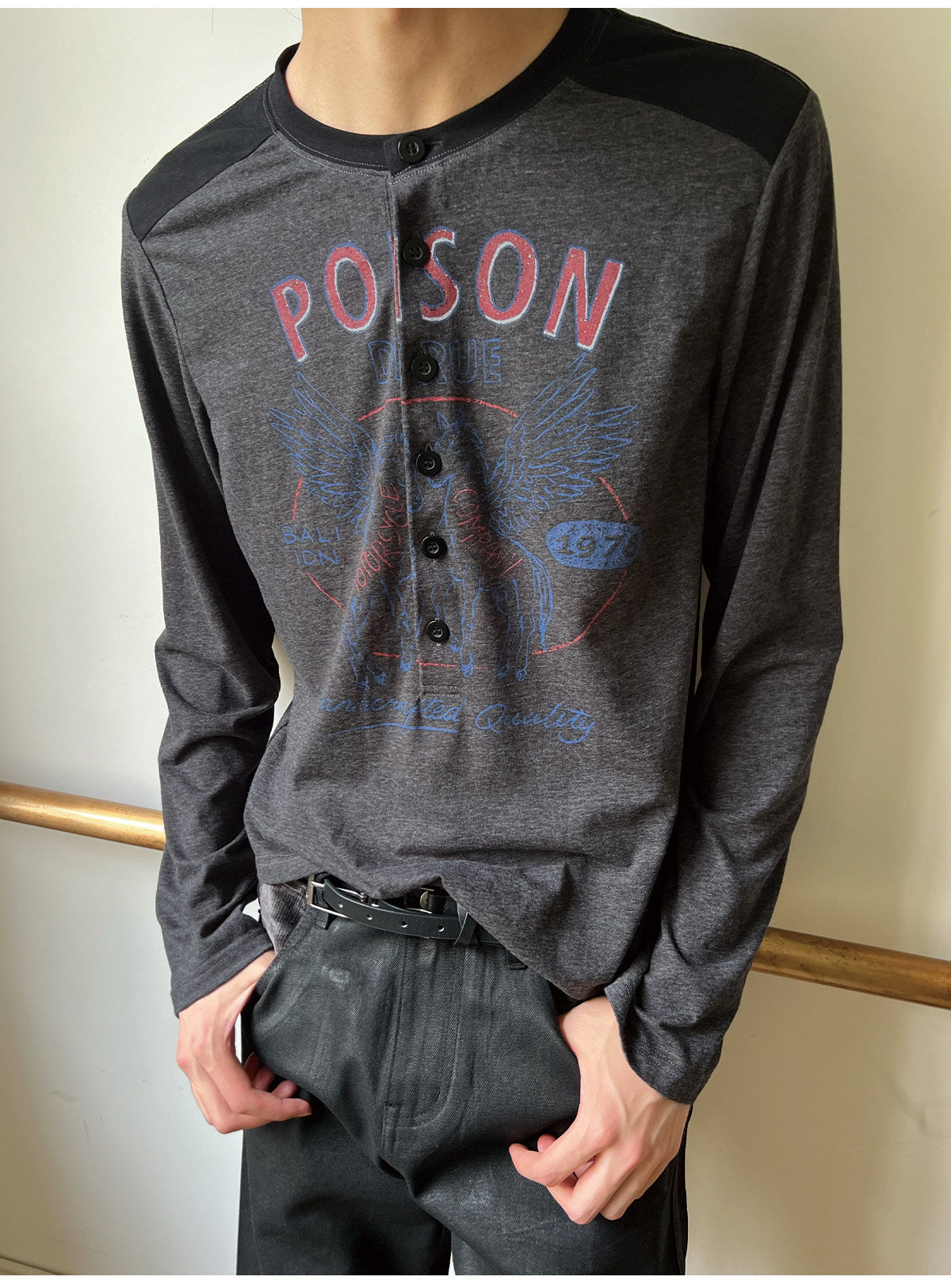 Vintage-Print Henley-Neck T-Shirt