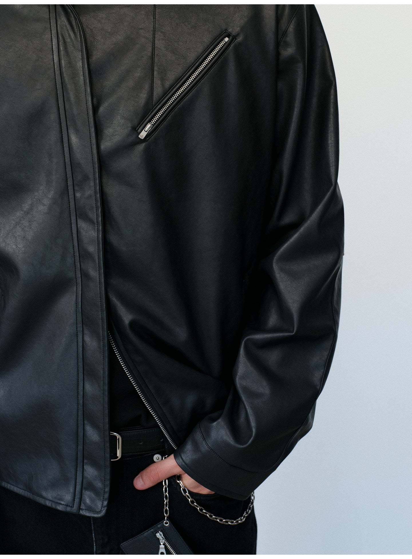Microfiber-Leather Blend Stand-Collar Jacket
