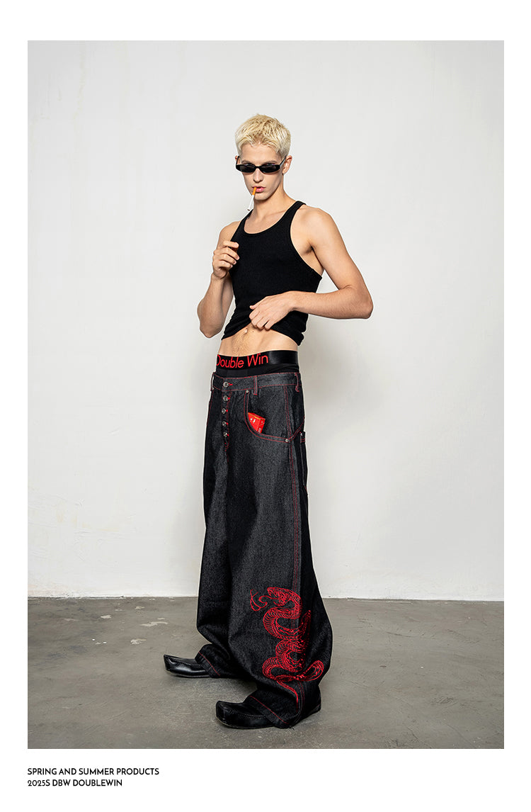 Red Snake Denim Pants