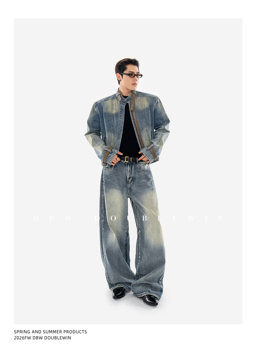 Vintage-Washed Padded-Shoulder Denim Jacket Set