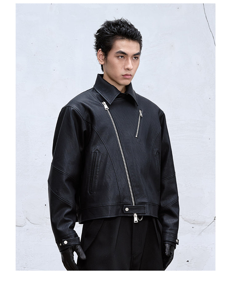 Diagonal Zipper Leather Jacket