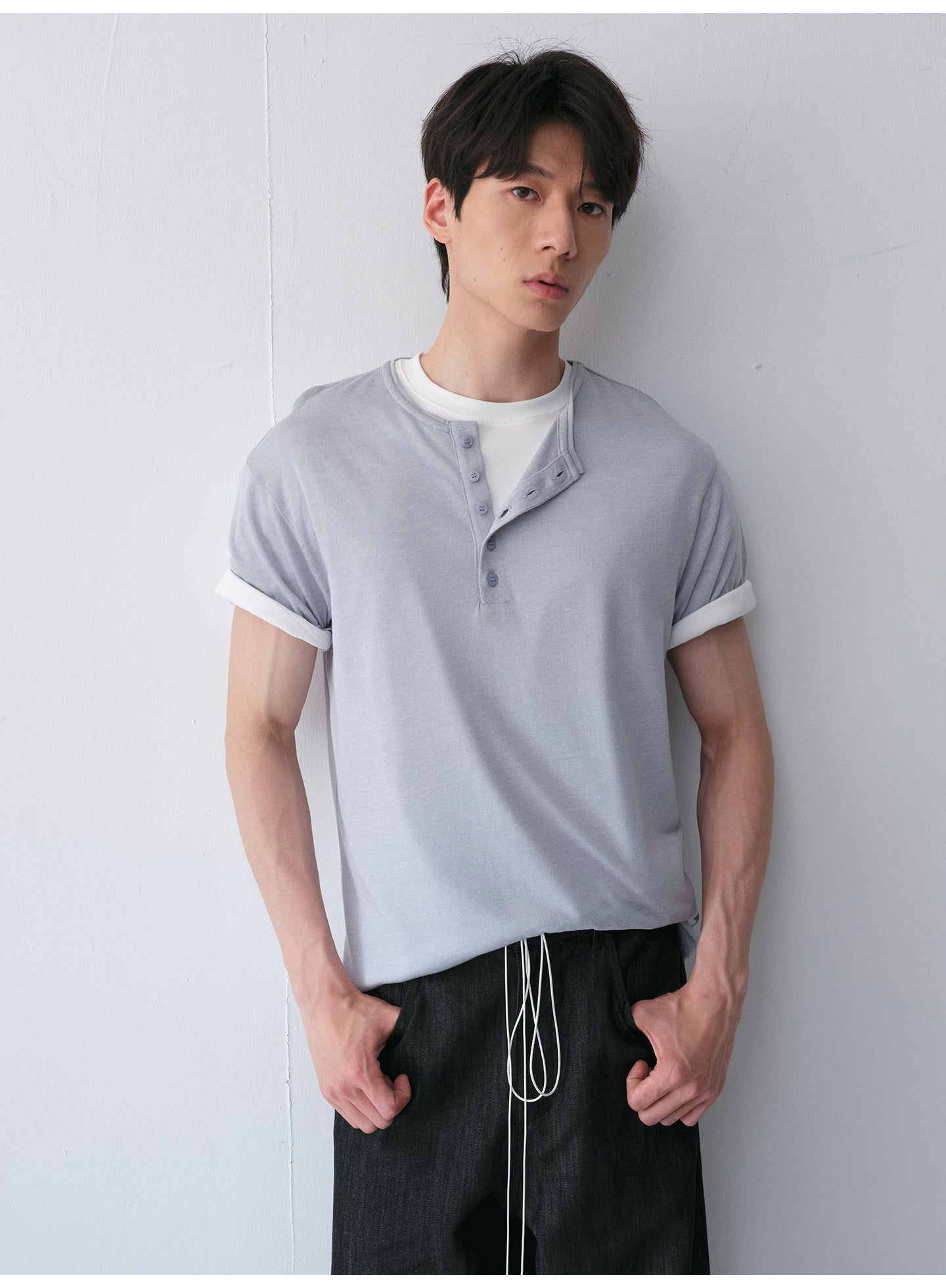 Henry-Collar Drop-Shoulder T-Shirt